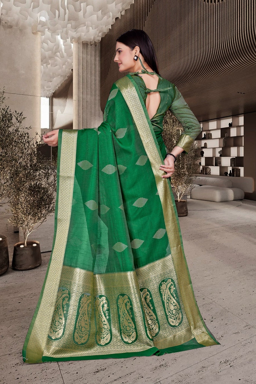 Green Cotton Silk Teacher Edition Uniform Saree - FeministaCotton Silk