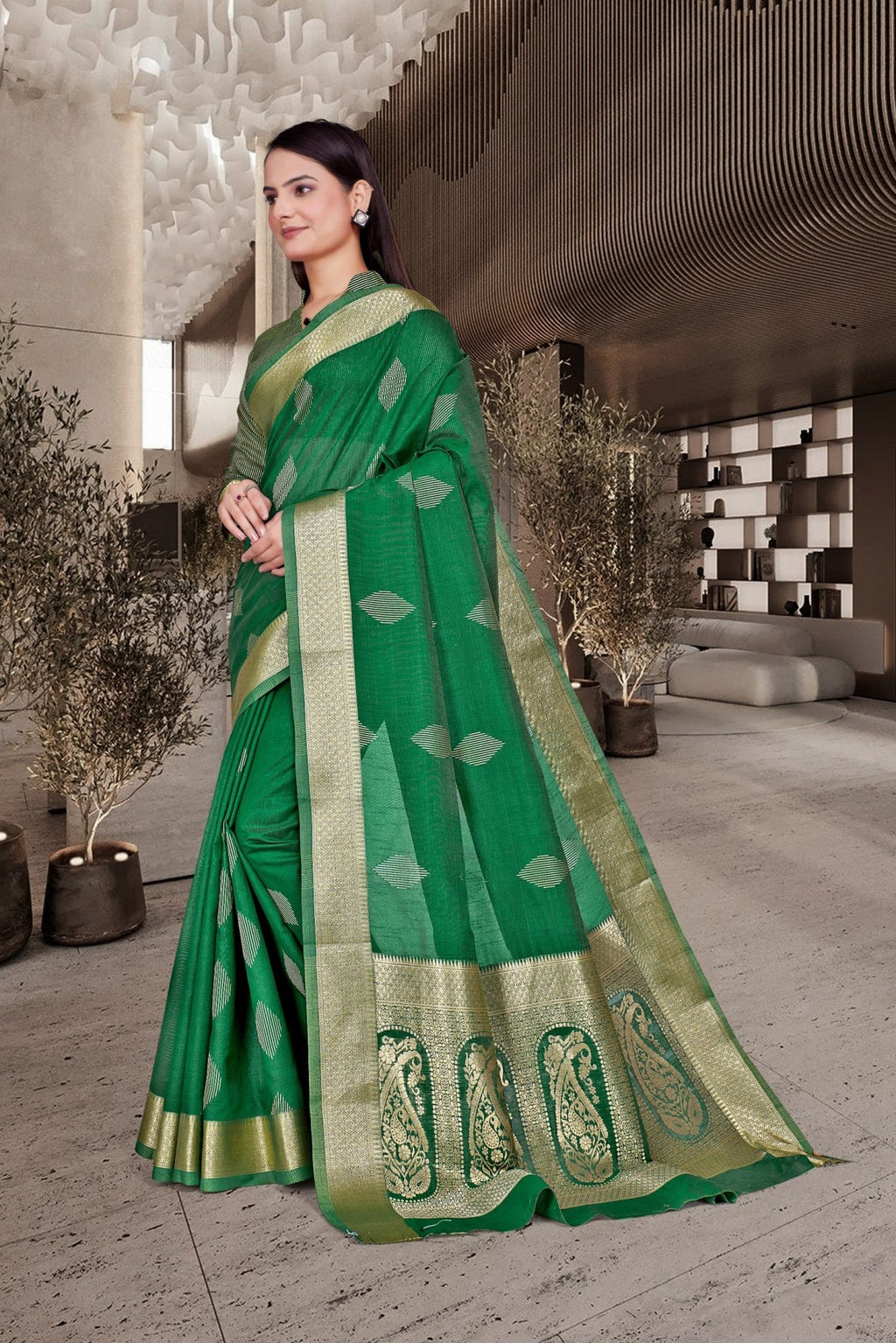 Green Cotton Silk Teacher Edition Uniform Saree - FeministaCotton Silk