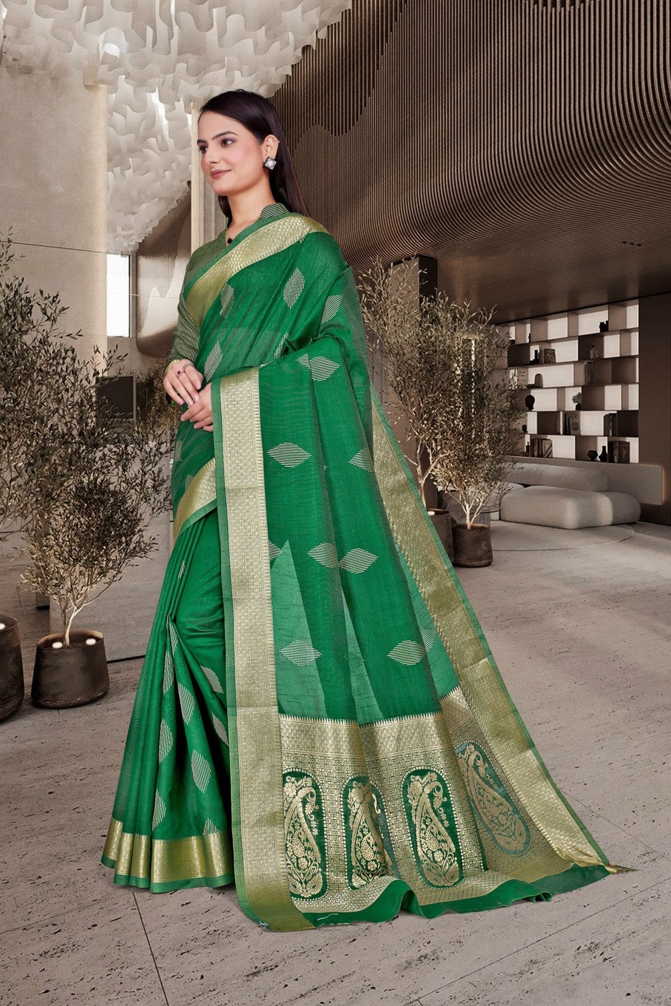 Green Cotton Silk Teacher Edition Uniform Saree - FeministaCotton Silk