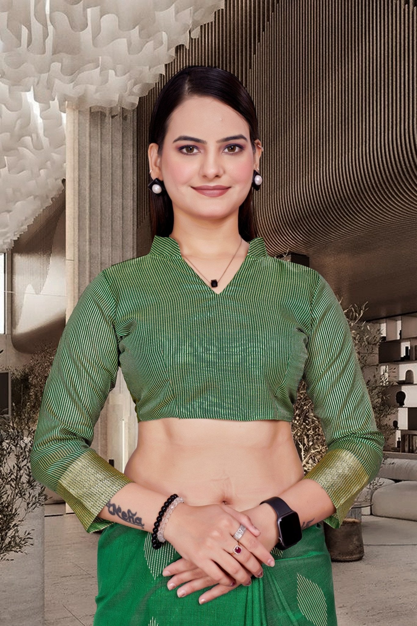Green Cotton Silk Teacher Edition Uniform Saree - FeministaCotton Silk