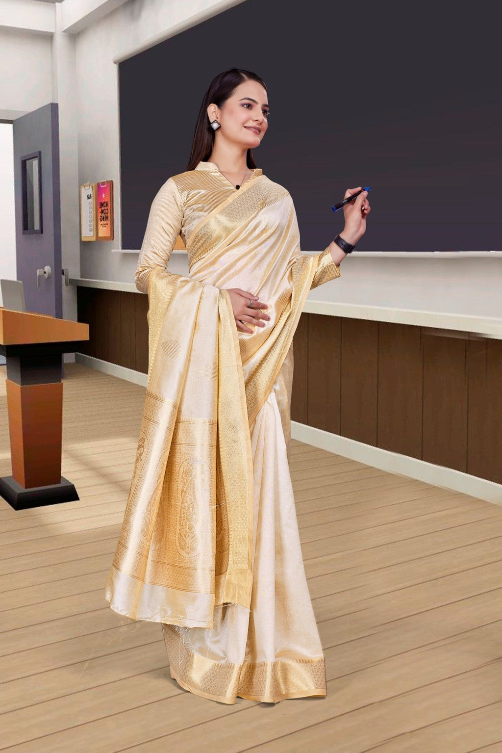 Cream Cotton Silk Workplace Uniform Saree - FeministaCotton Silk