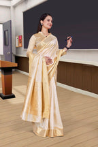 Cream Cotton Silk Workplace Uniform Saree - FeministaCotton Silk