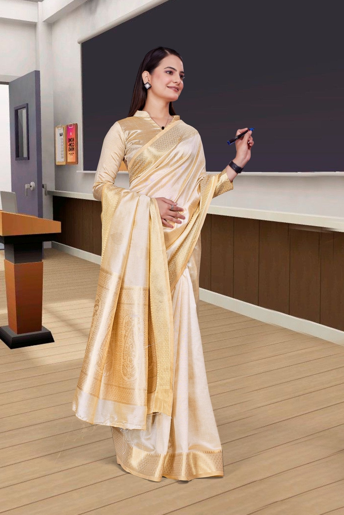 Cream Cotton Silk Workplace Uniform Saree - FeministaCotton Silk