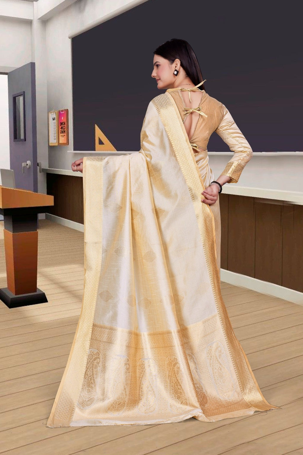 Cream Cotton Silk Workplace Uniform Saree - FeministaCotton Silk