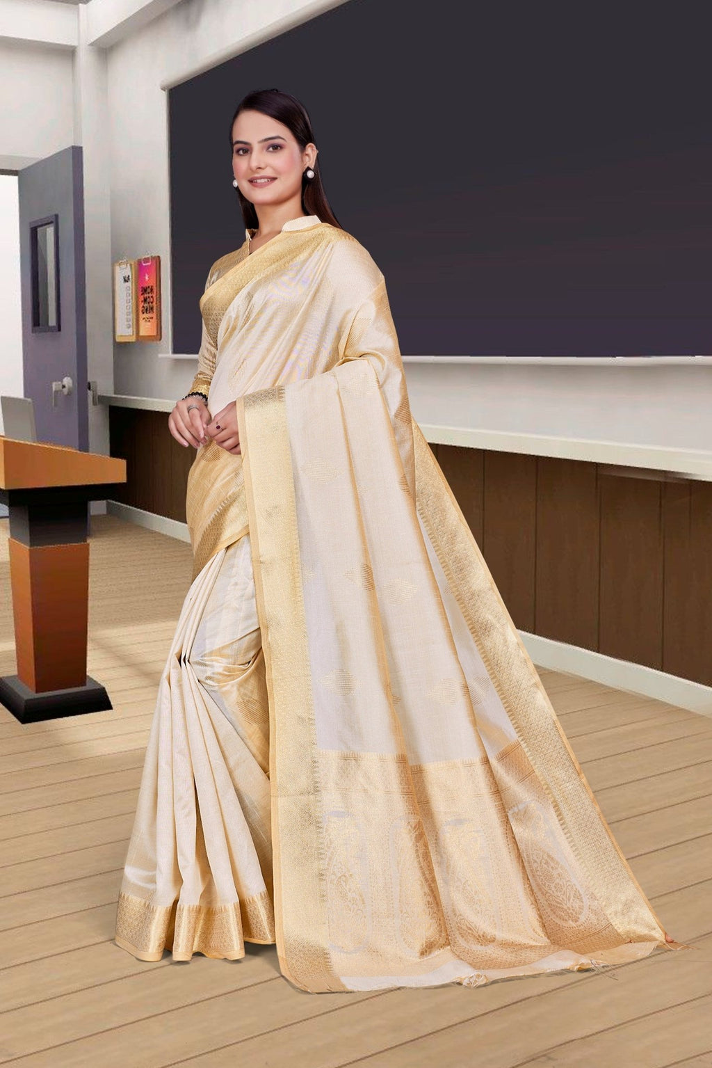 Cream Cotton Silk Workplace Uniform Saree - FeministaCotton Silk