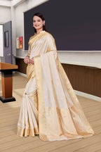 Cream Cotton Silk Workplace Uniform Saree - FeministaCotton Silk