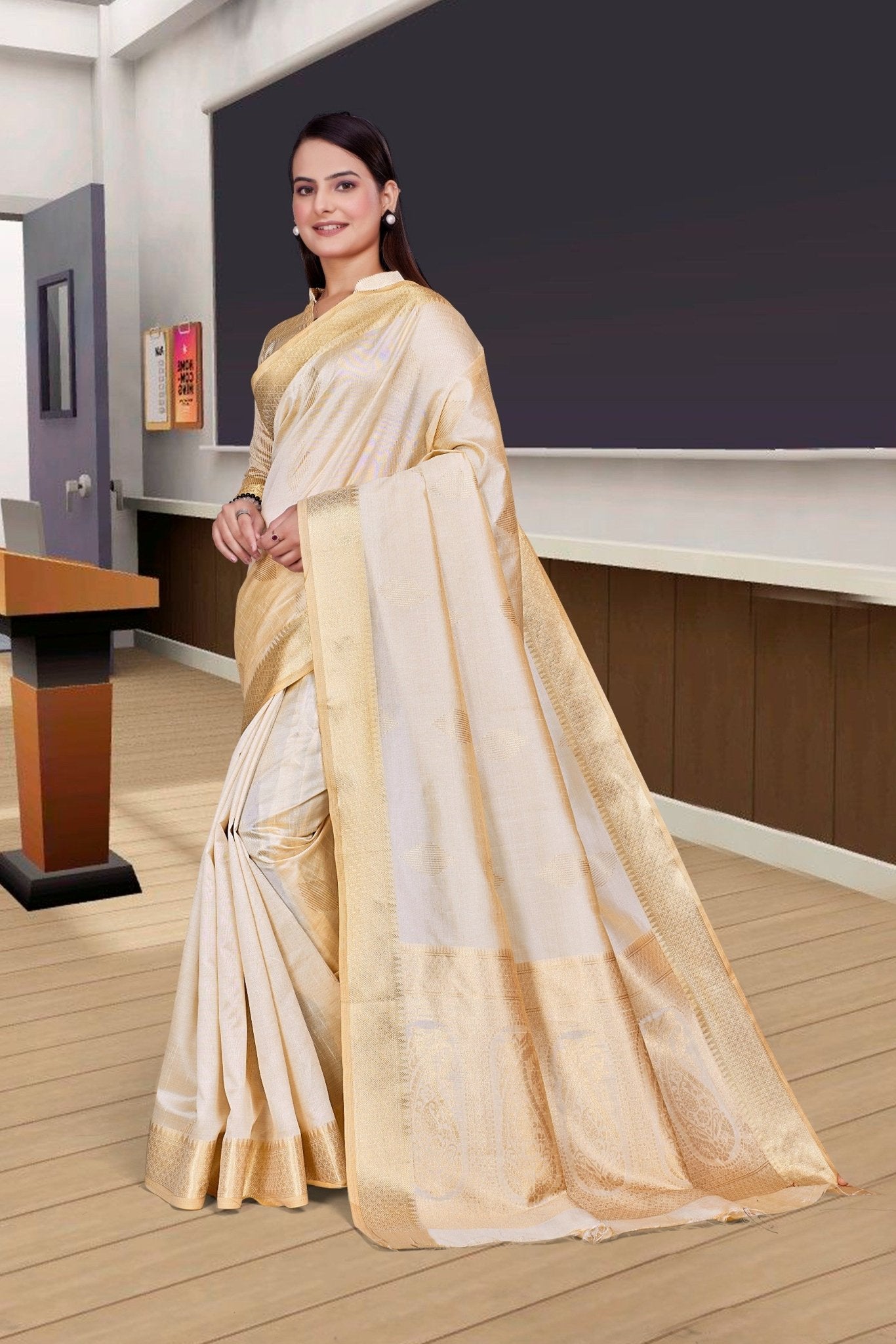 Cream Cotton Silk Workplace Uniform Saree - FeministaCotton Silk
