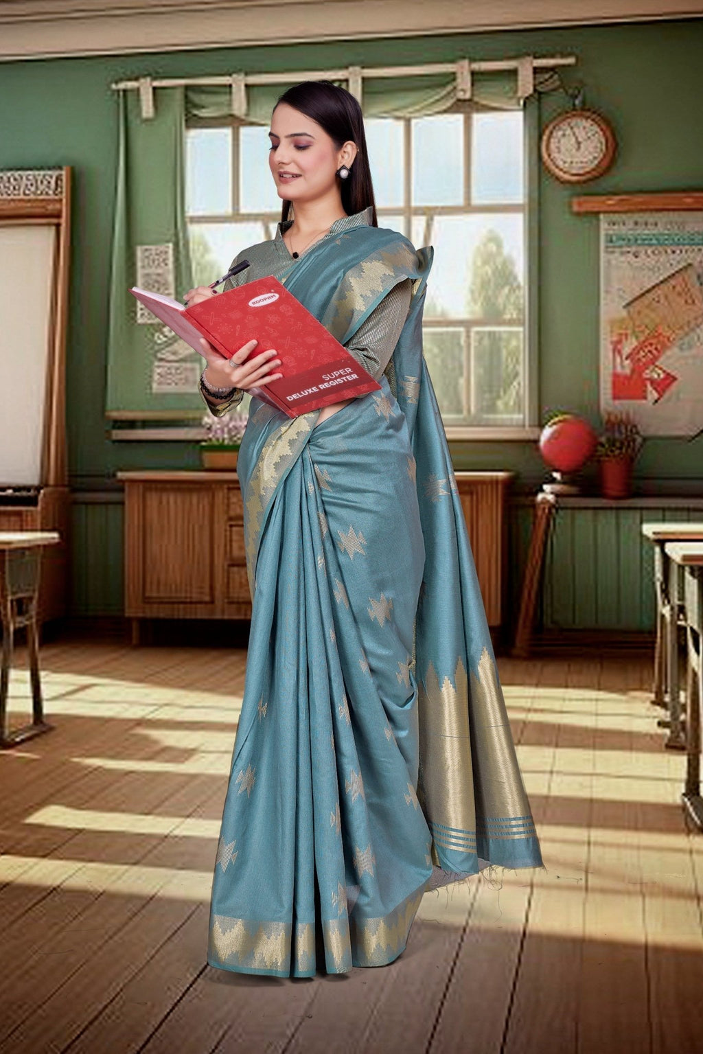 Grey Cotton Silk Workplace Uniform Saree - FeministaCotton Silk
