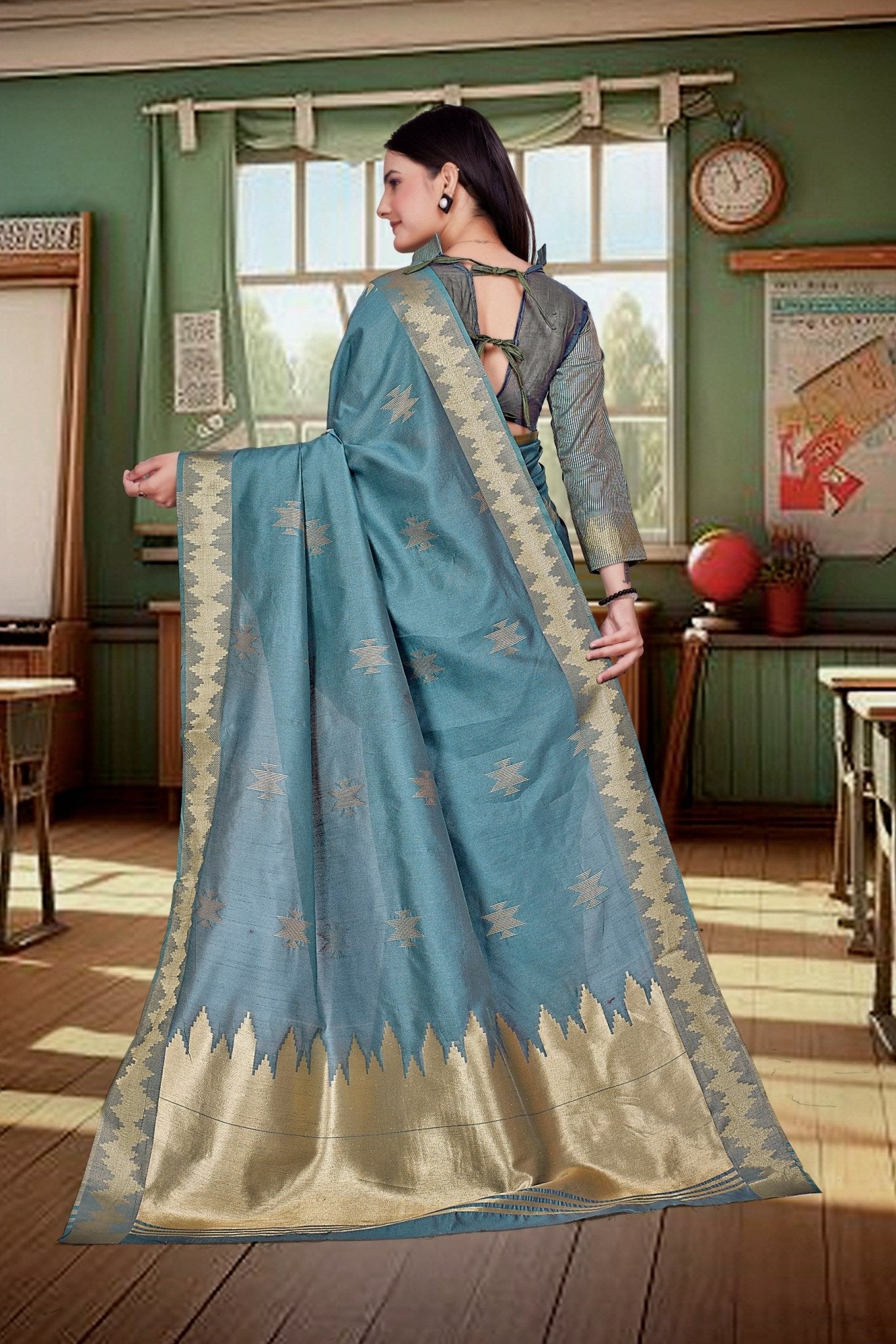 Grey Cotton Silk Workplace Uniform Saree - FeministaCotton Silk