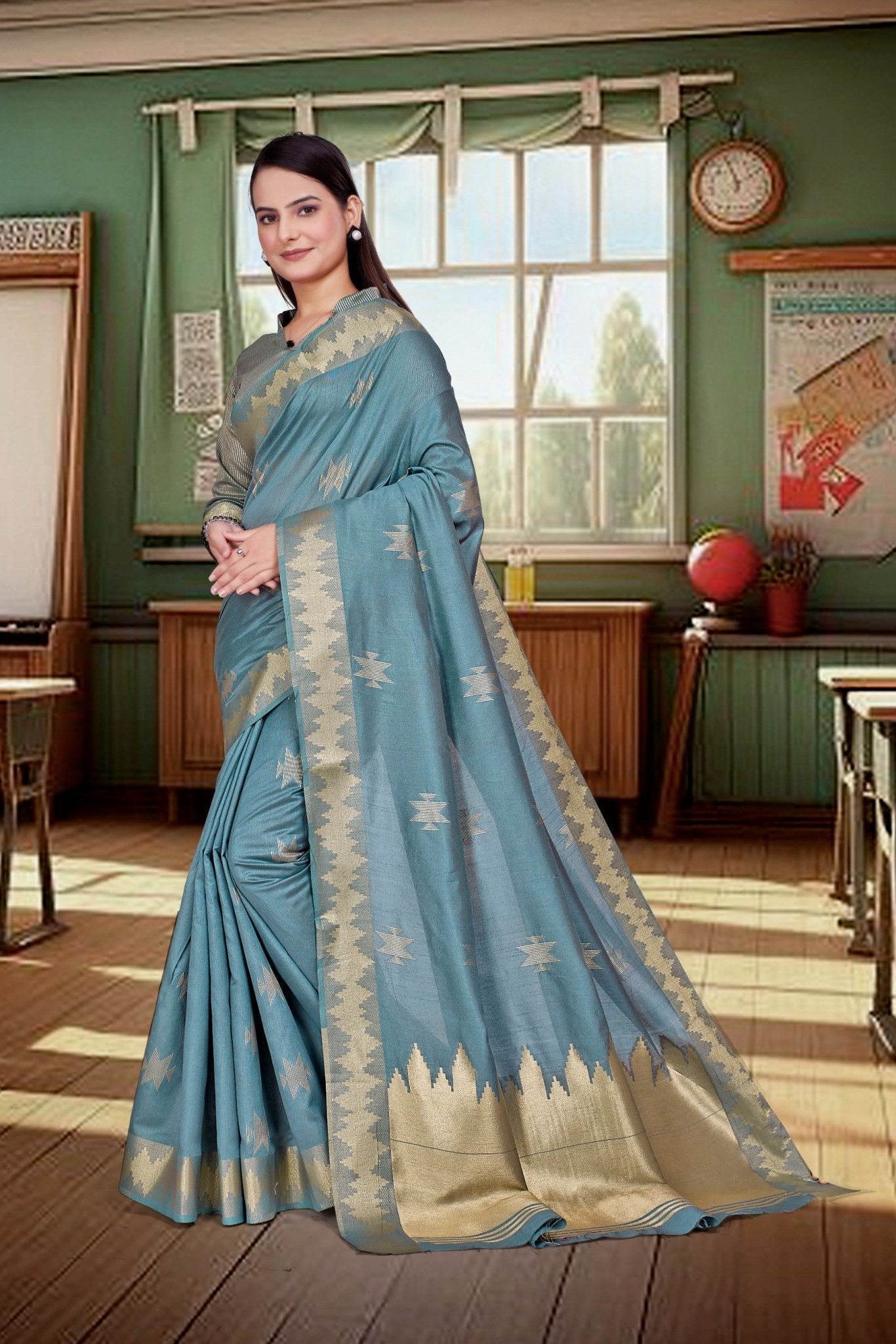 Grey Cotton Silk Workplace Uniform Saree - FeministaCotton Silk