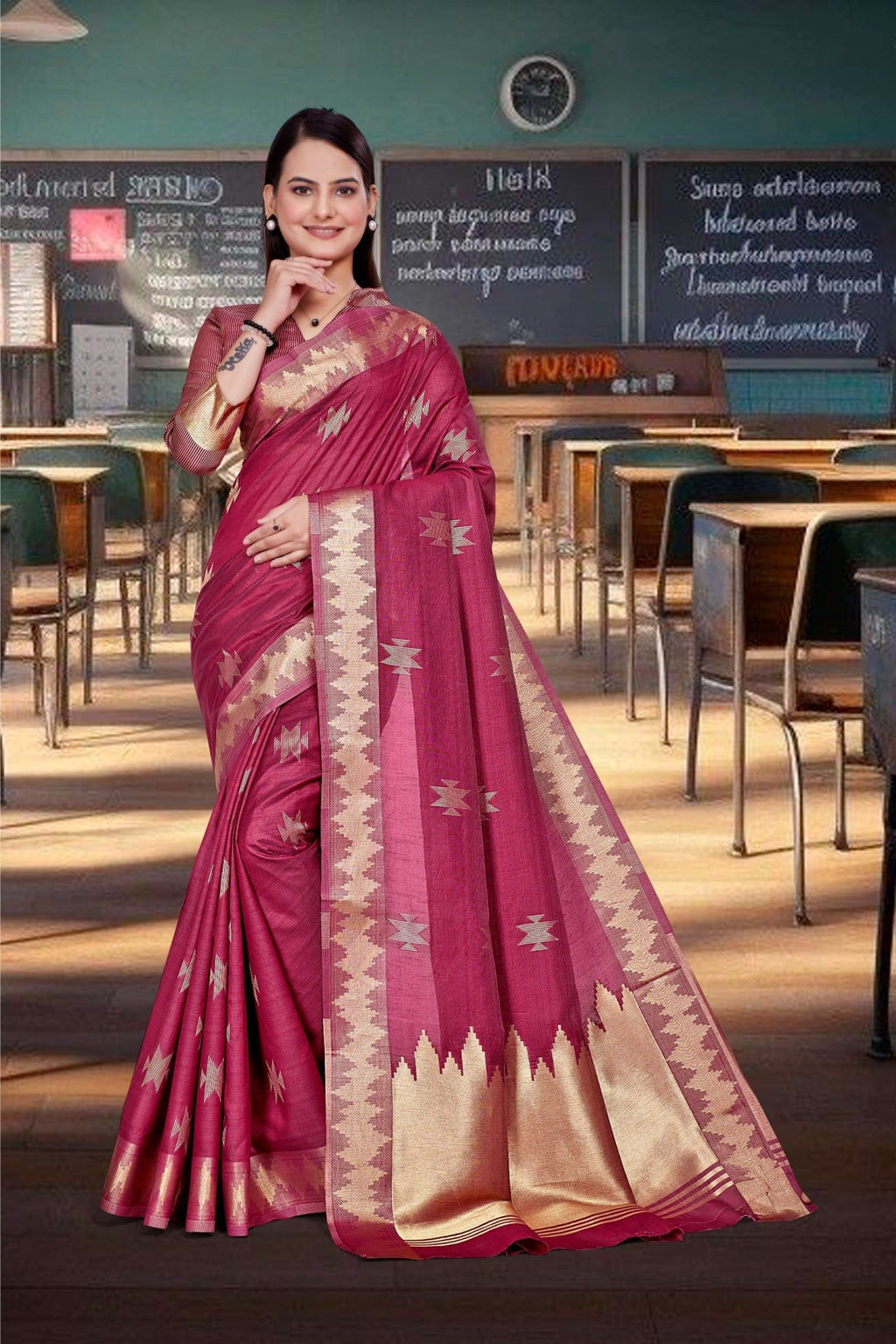 Maroon Cotton Silk Workplace Formal Saree - FeministaCotton Silk