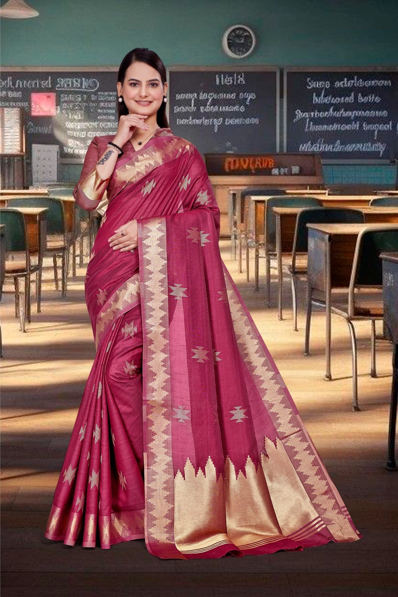 Maroon Cotton Silk Workplace Formal Saree - FeministaCotton Silk