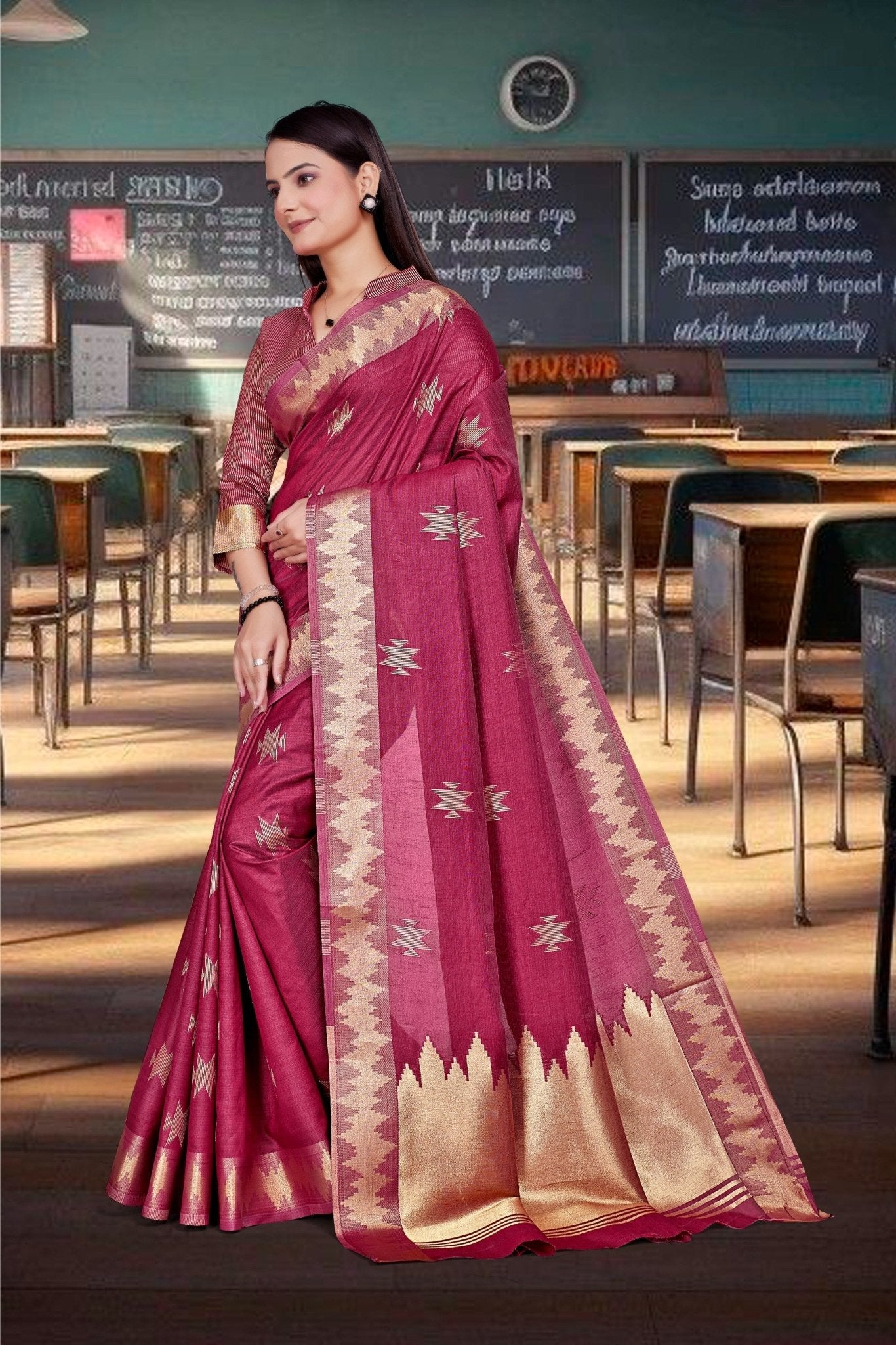 Maroon Cotton Silk Workplace Formal Saree - FeministaCotton Silk