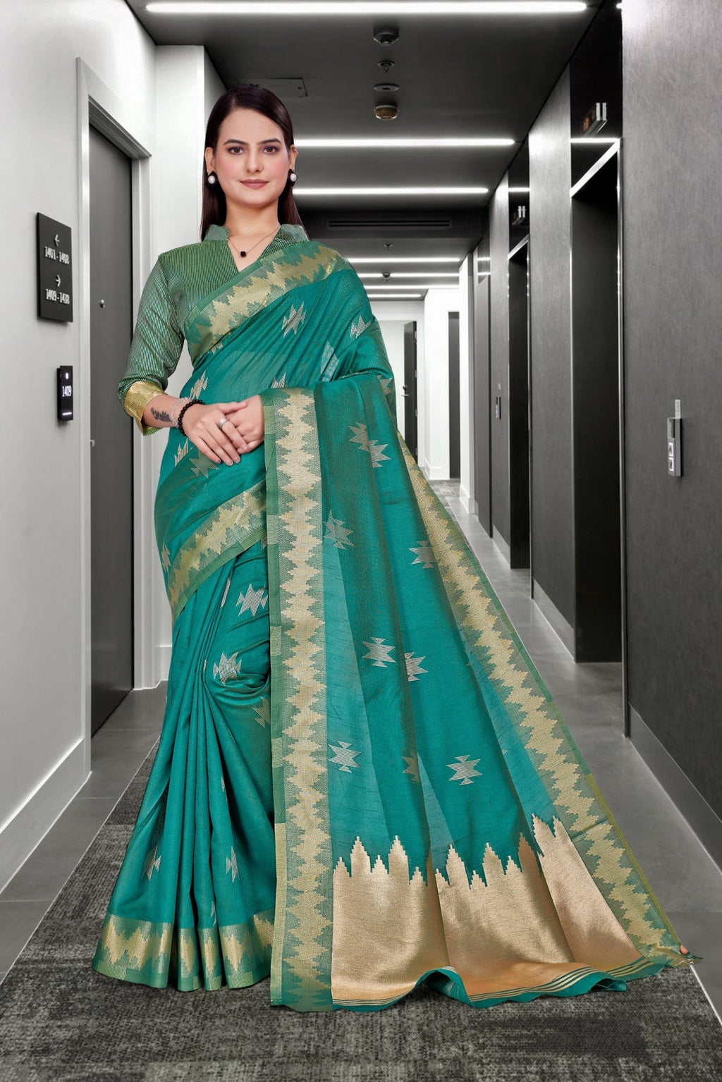 Green Cotton Silk Staff Professional Saree - FeministaCotton Silk