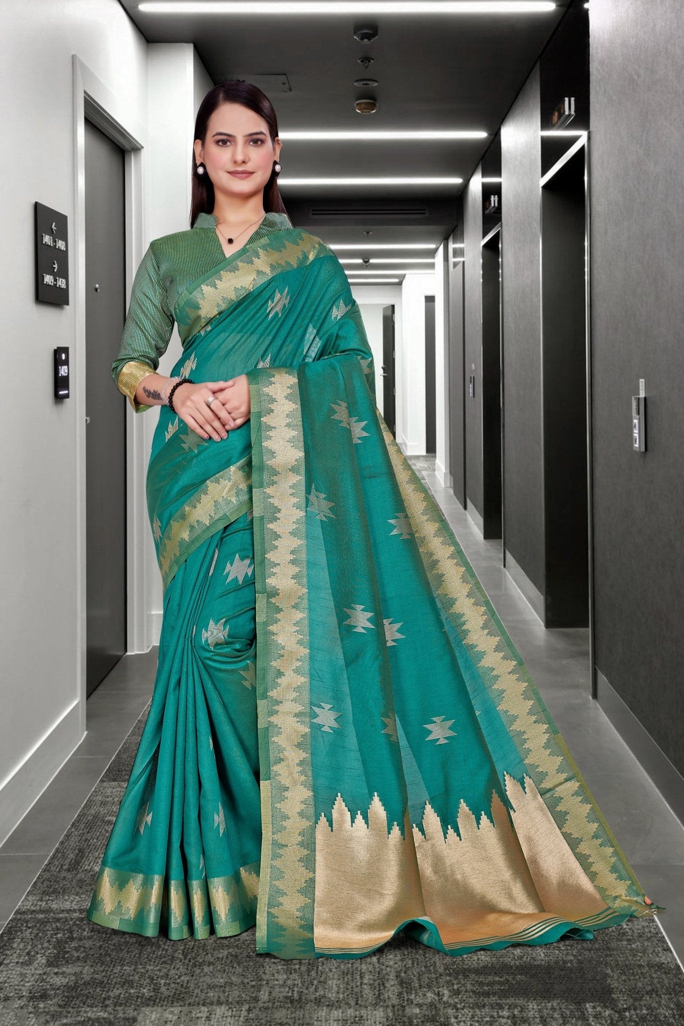 Green Cotton Silk Staff Professional Saree - FeministaCotton Silk
