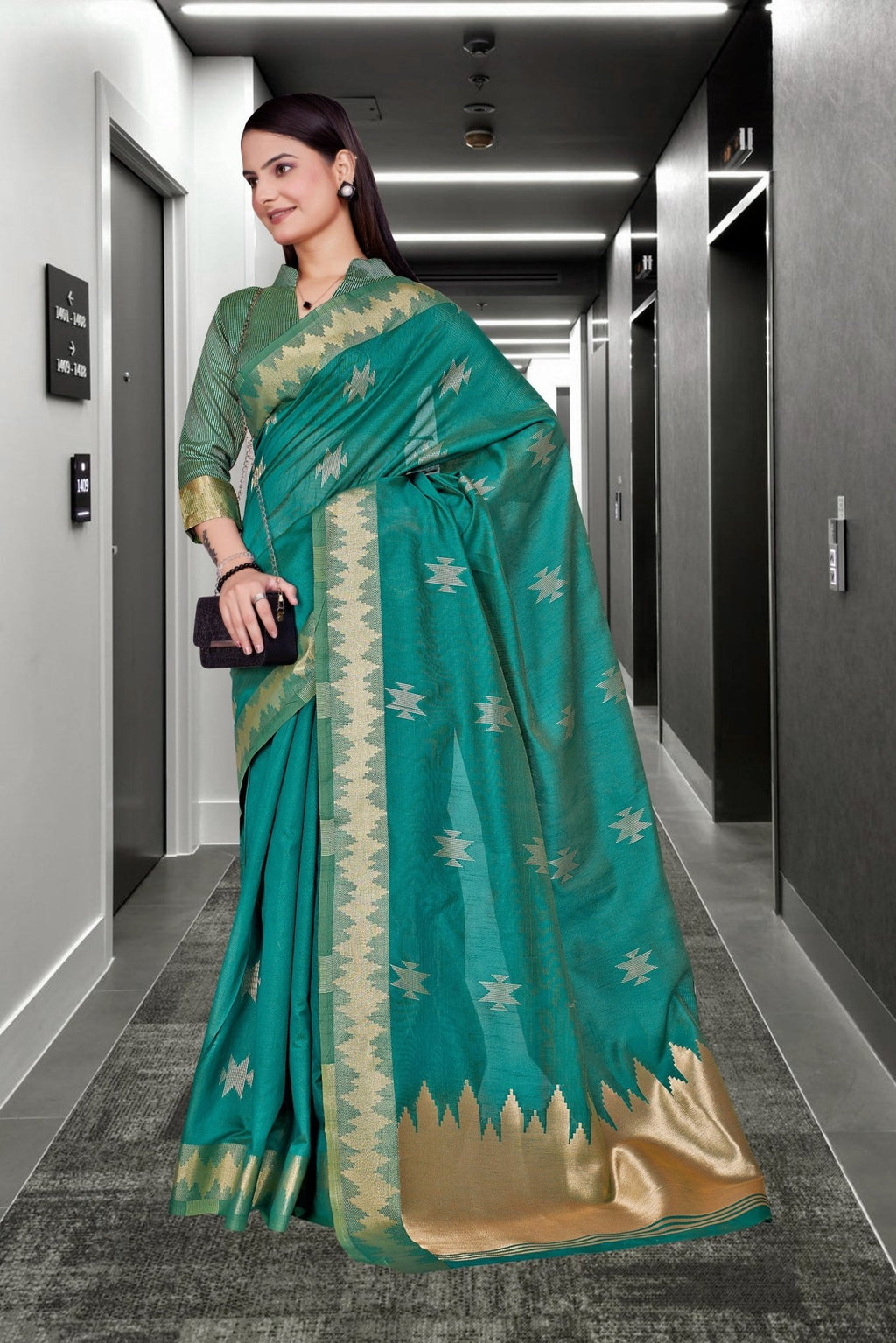 Green Cotton Silk Staff Professional Saree - FeministaCotton Silk