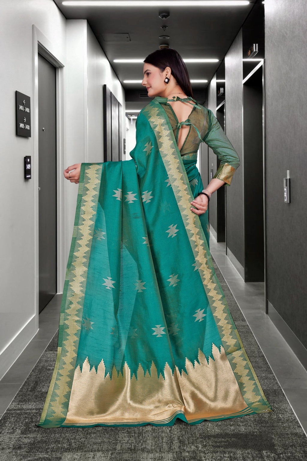 Green Cotton Silk Staff Professional Saree - FeministaCotton Silk