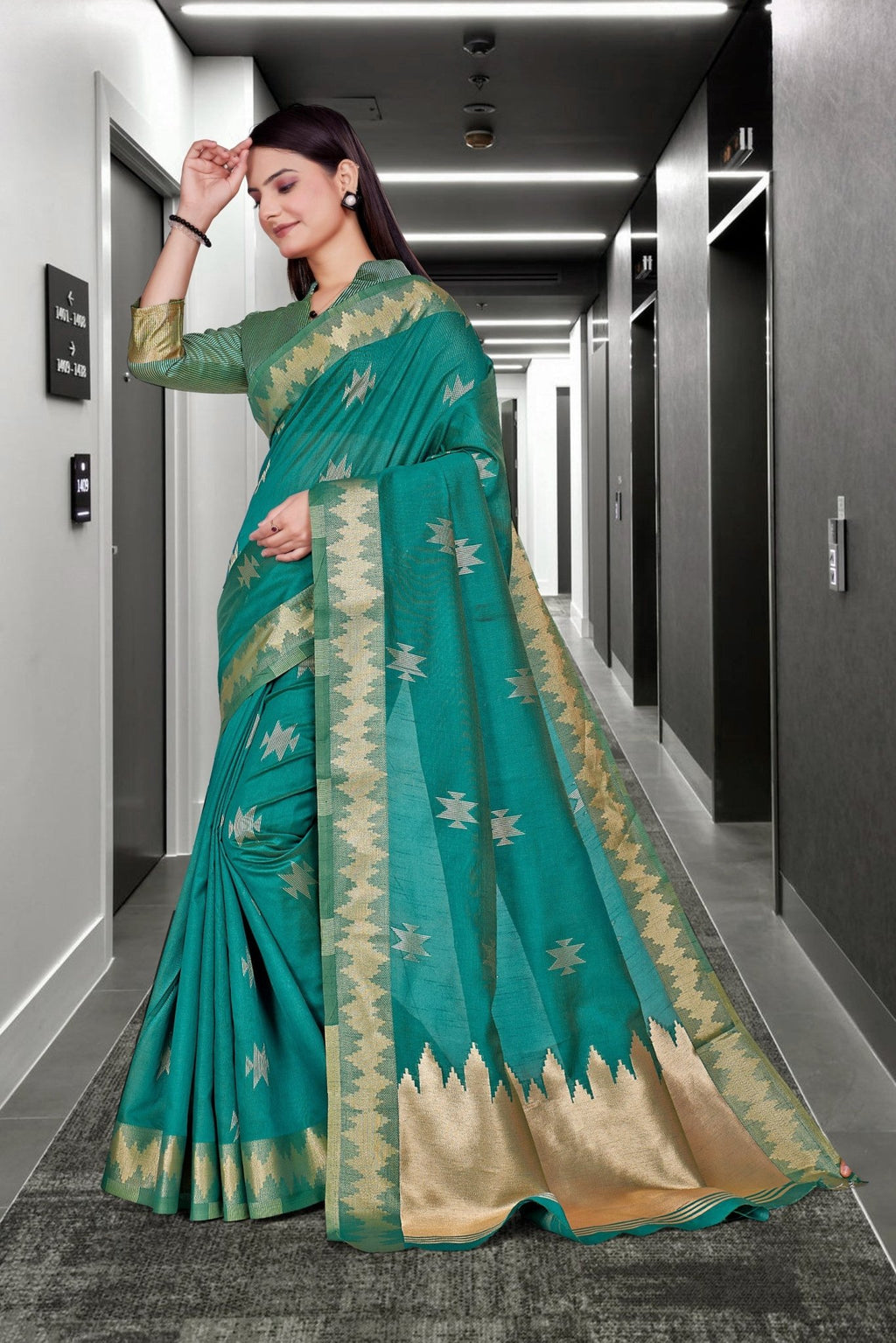Green Cotton Silk Staff Professional Saree - FeministaCotton Silk