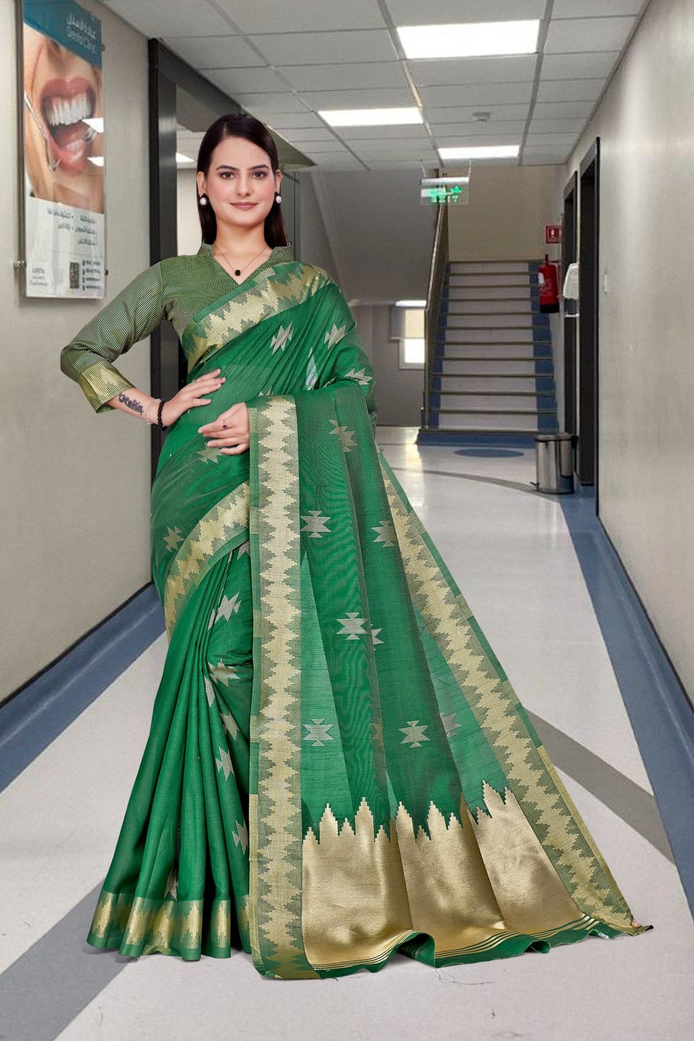 Dark Green Cotton Silk Staff Professional Saree - FeministaCotton Silk