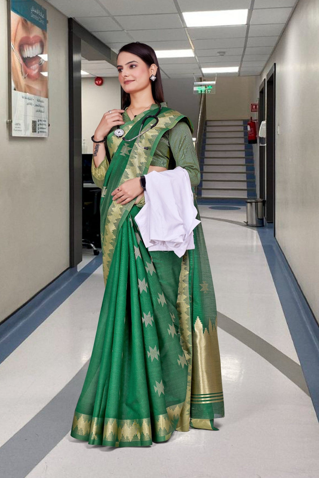 Dark Green Cotton Silk Staff Professional Saree - FeministaCotton Silk