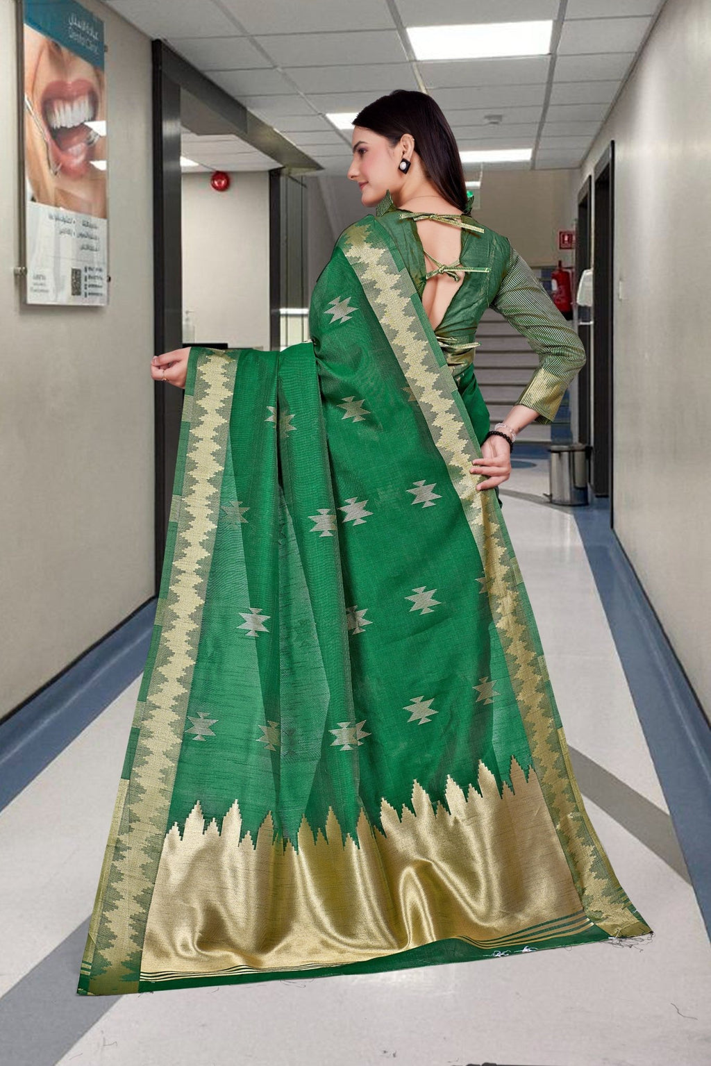 Dark Green Cotton Silk Staff Professional Saree - FeministaCotton Silk