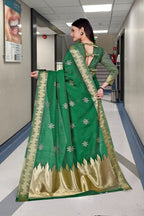 Dark Green Cotton Silk Staff Professional Saree - FeministaCotton Silk