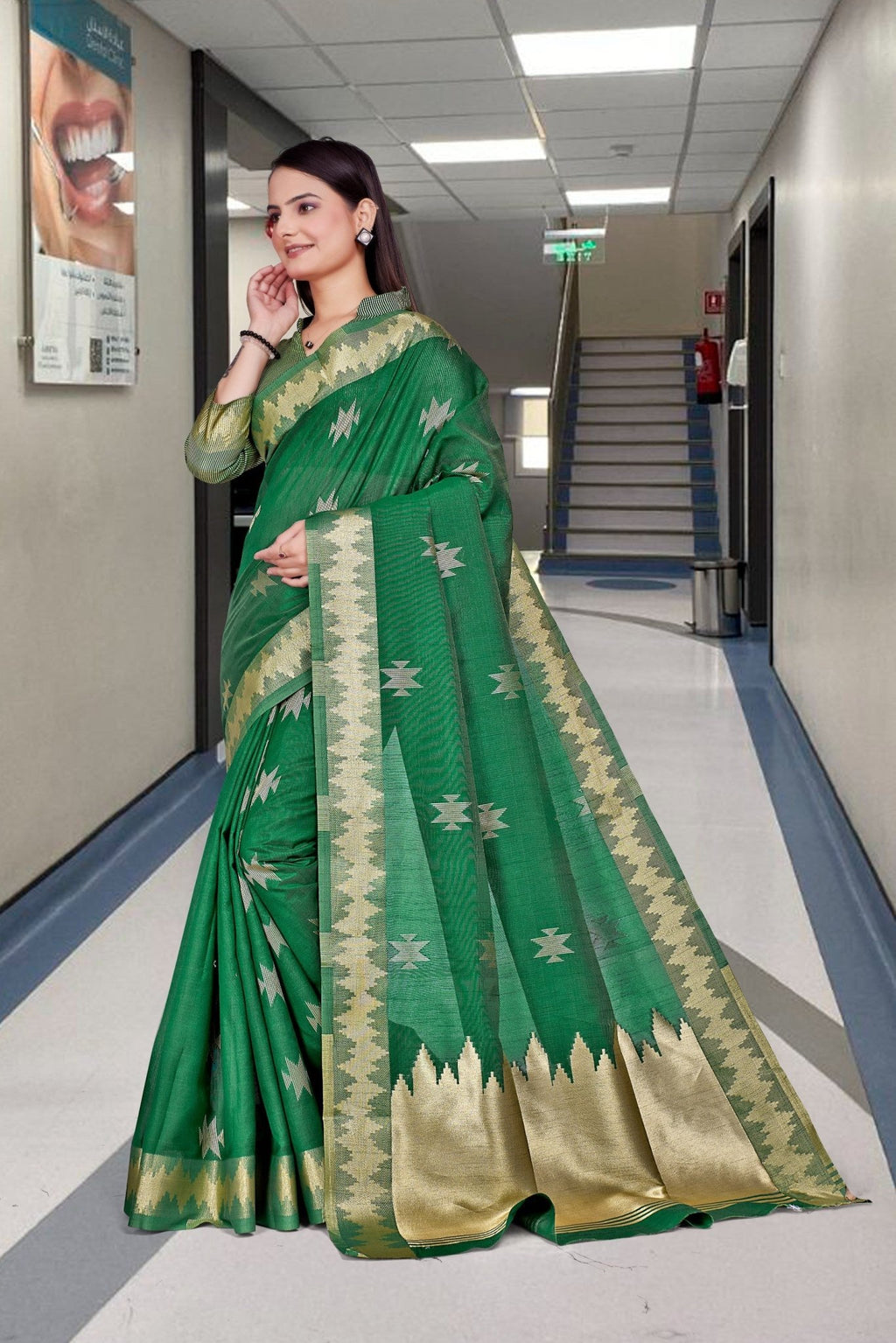 Dark Green Cotton Silk Staff Professional Saree - FeministaCotton Silk