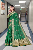 Dark Green Cotton Silk Staff Professional Saree - FeministaCotton Silk
