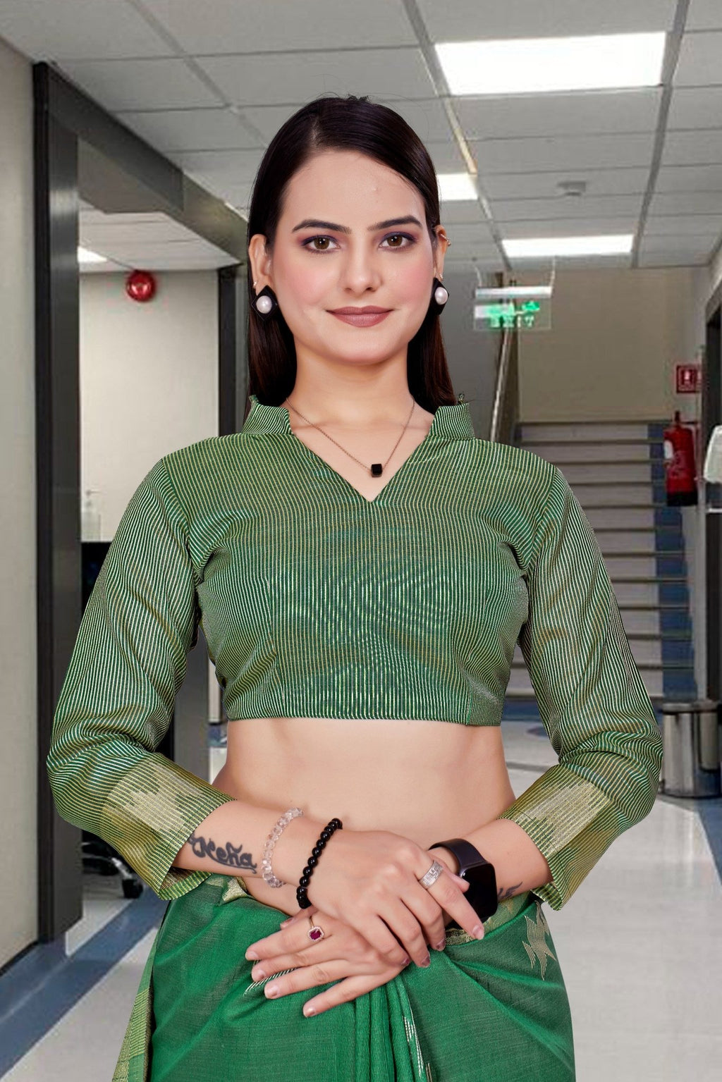 Dark Green Cotton Silk Staff Professional Saree - FeministaCotton Silk