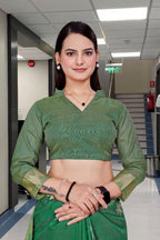 Dark Green Cotton Silk Staff Professional Saree - FeministaCotton Silk