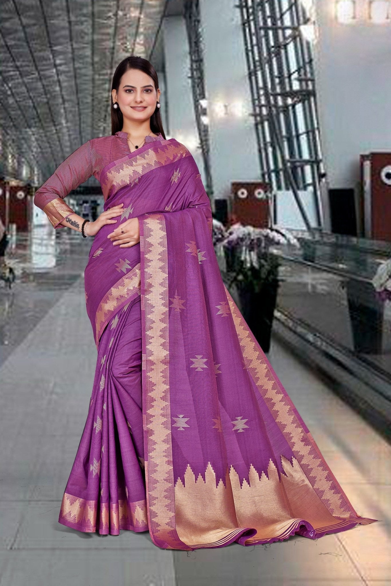 Purple Cotton Silk Workplace Uniform Saree - FeministaCotton Silk