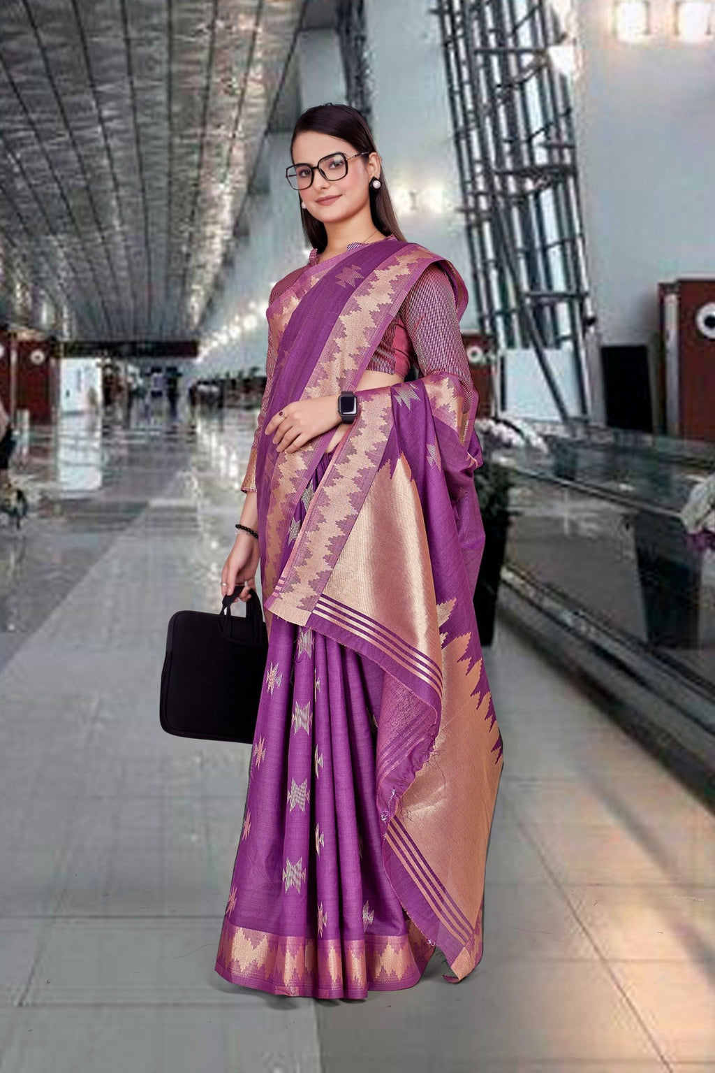 Purple Cotton Silk Workplace Uniform Saree - FeministaCotton Silk