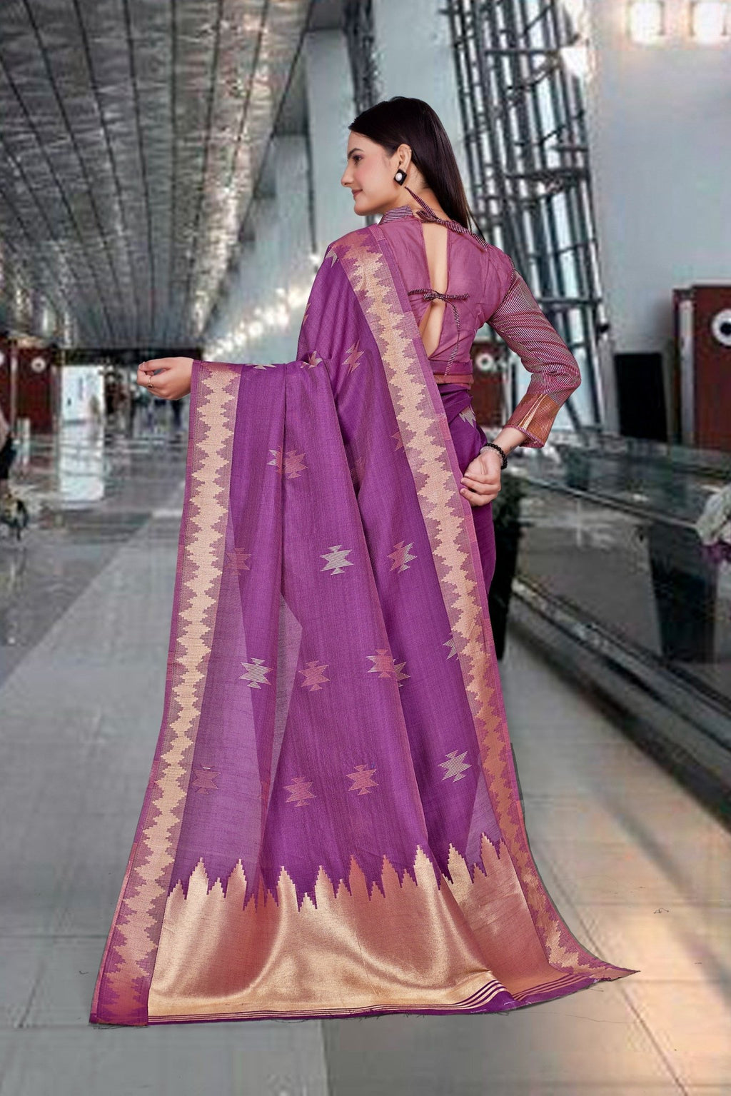 Purple Cotton Silk Workplace Uniform Saree - FeministaCotton Silk