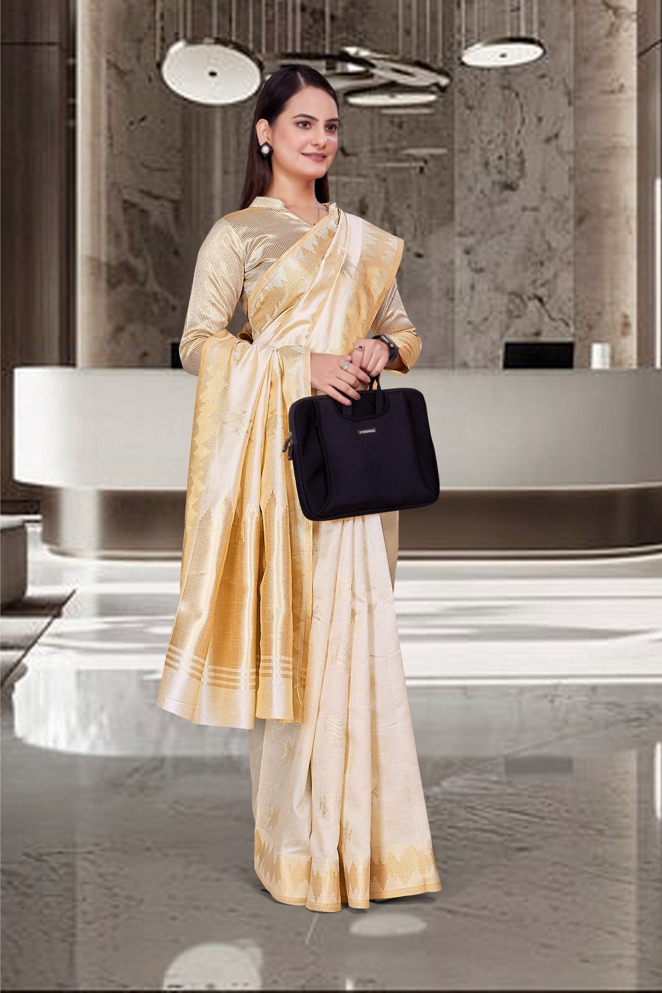 Cream Cotton Silk Workplace Uniform Saree - FeministaCotton Silk