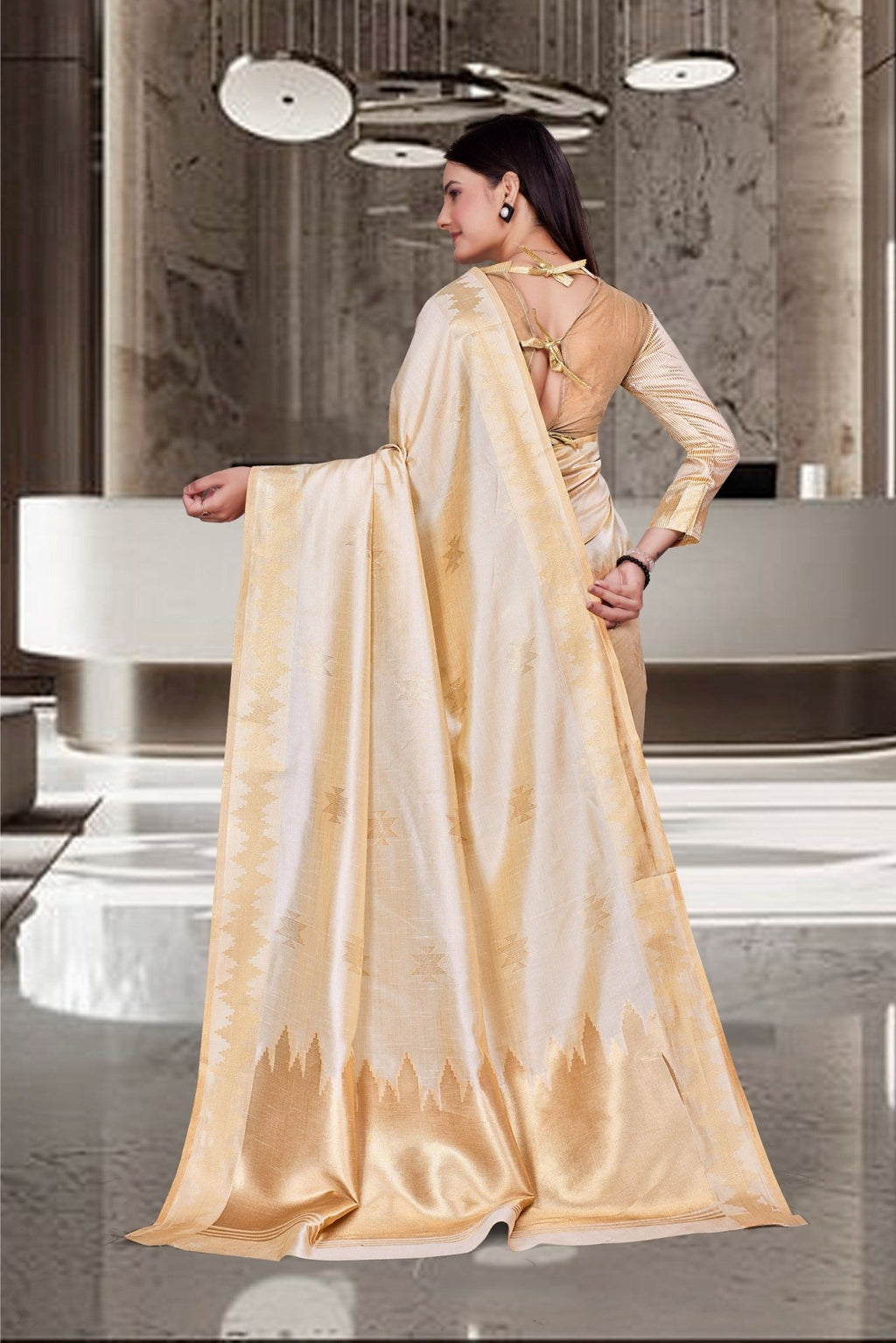 Cream Cotton Silk Workplace Uniform Saree - FeministaCotton Silk