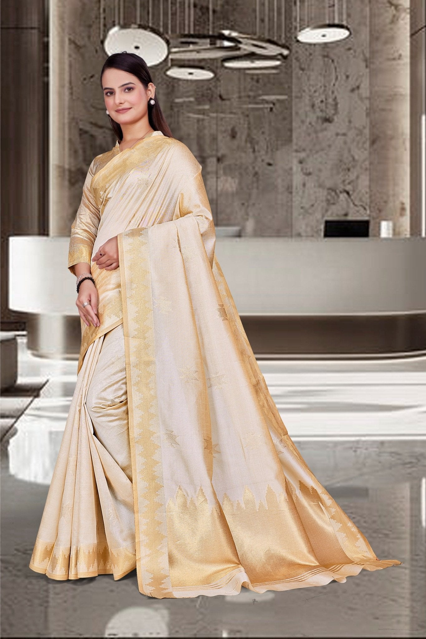 Cream Cotton Silk Workplace Uniform Saree - FeministaCotton Silk