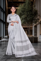 Grey Cotton Silk Workplace Uniform Saree - FeministaCotton Silk