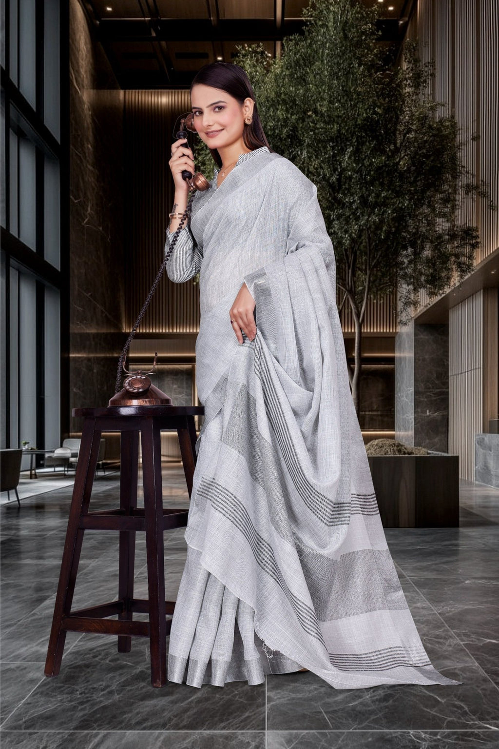 Grey Cotton Silk Workplace Uniform Saree - FeministaCotton Silk