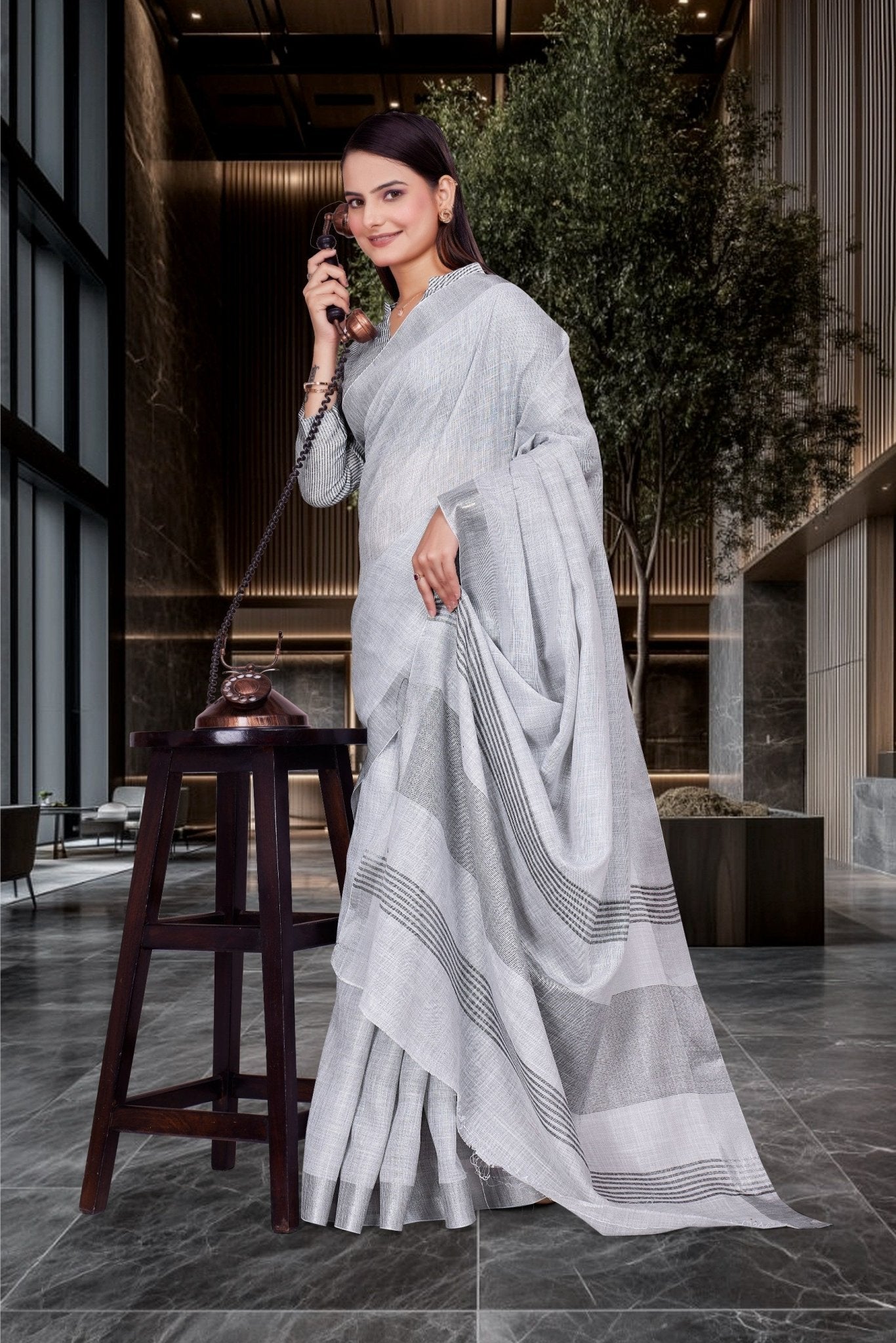 Grey Cotton Silk Workplace Uniform Saree - FeministaCotton Silk