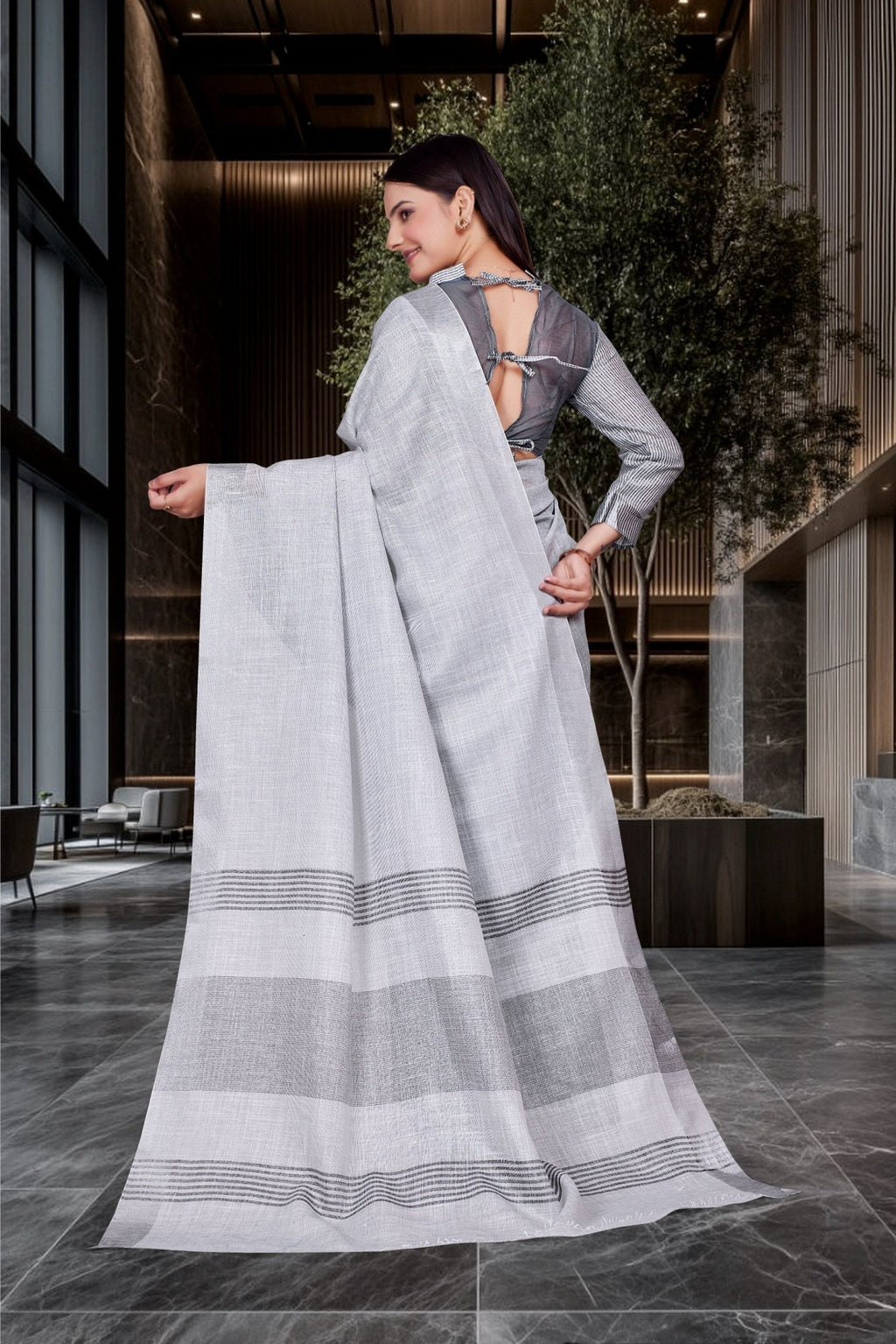 Grey Cotton Silk Workplace Uniform Saree - FeministaCotton Silk