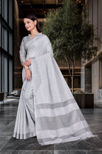 Grey Cotton Silk Workplace Uniform Saree - FeministaCotton Silk