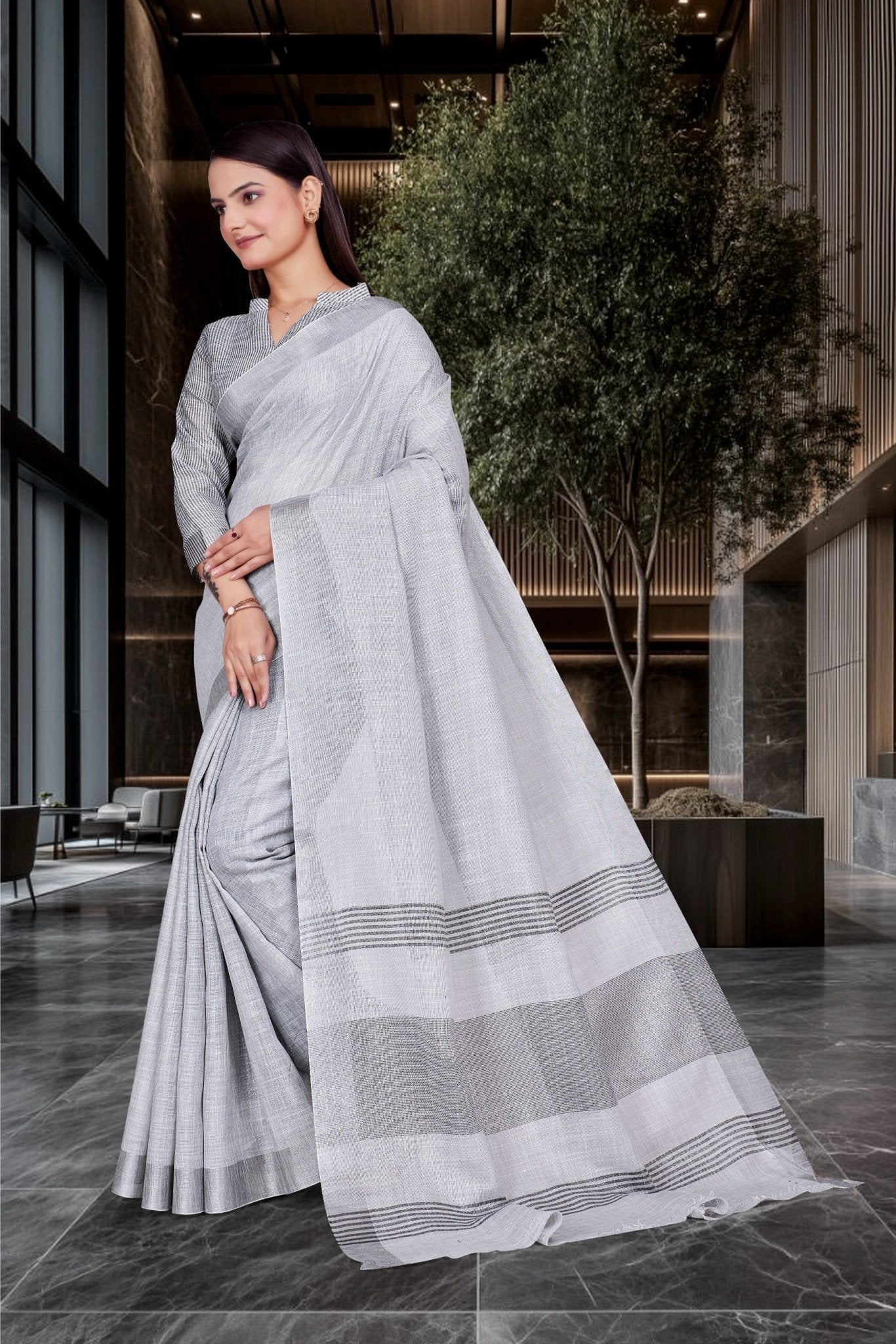 Grey Cotton Silk Workplace Uniform Saree - FeministaCotton Silk