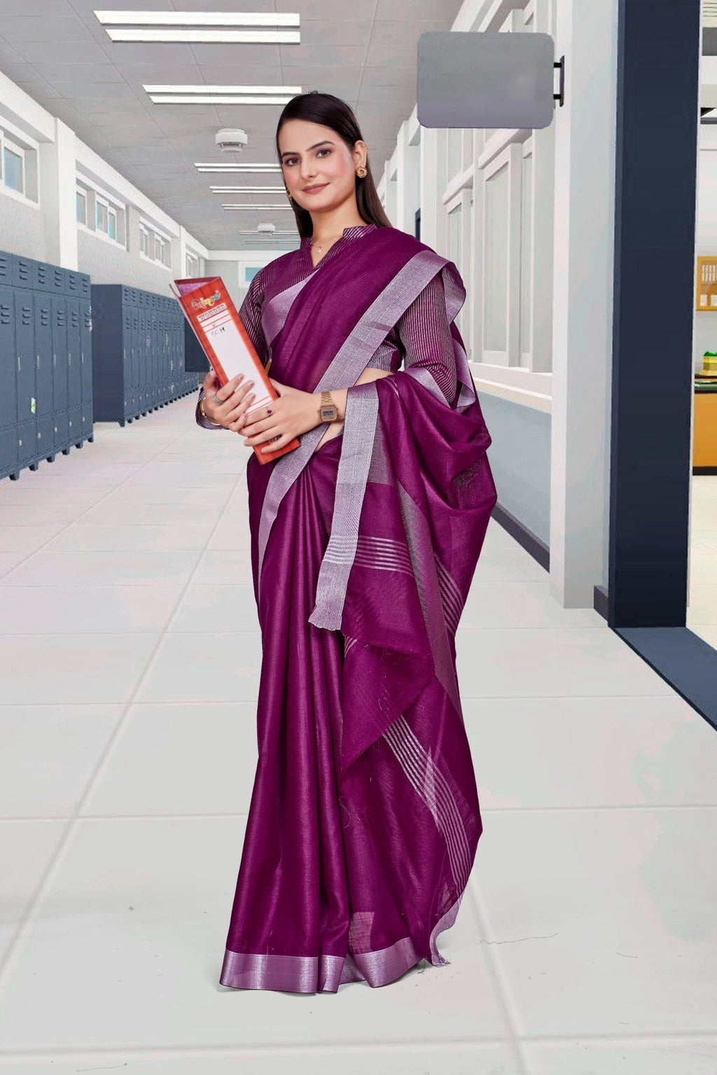 Purple Cotton Silk Corporate Professional Saree - FeministaCotton Silk