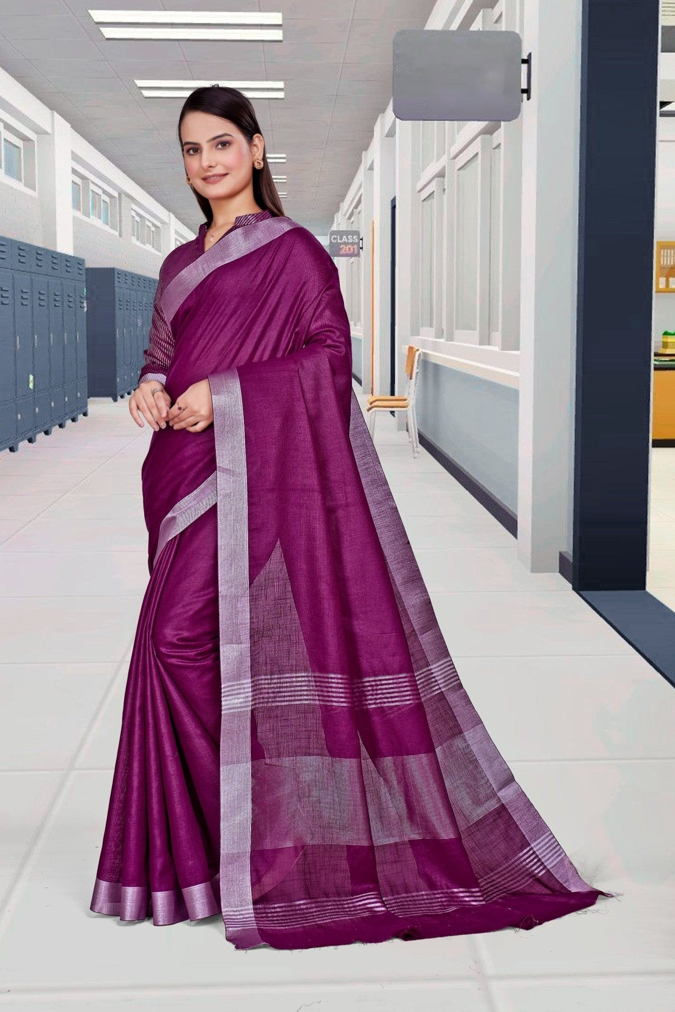 Purple Cotton Silk Corporate Professional Saree - FeministaCotton Silk