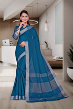 Blue Cotton Silk Workplace Uniform Saree - FeministaCotton Silk