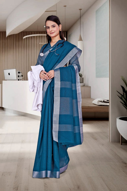 Blue Cotton Silk Workplace Uniform Saree - FeministaCotton Silk