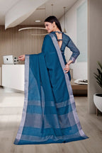Blue Cotton Silk Workplace Uniform Saree - FeministaCotton Silk