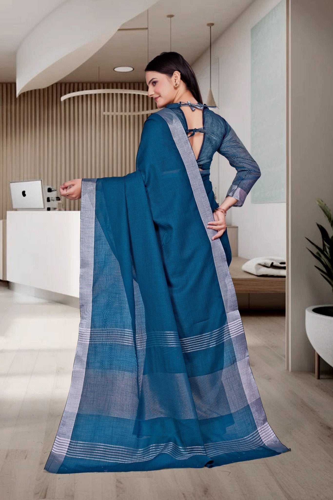 Blue Cotton Silk Workplace Uniform Saree - FeministaCotton Silk
