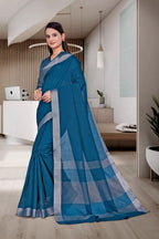 Blue Cotton Silk Workplace Uniform Saree - FeministaCotton Silk