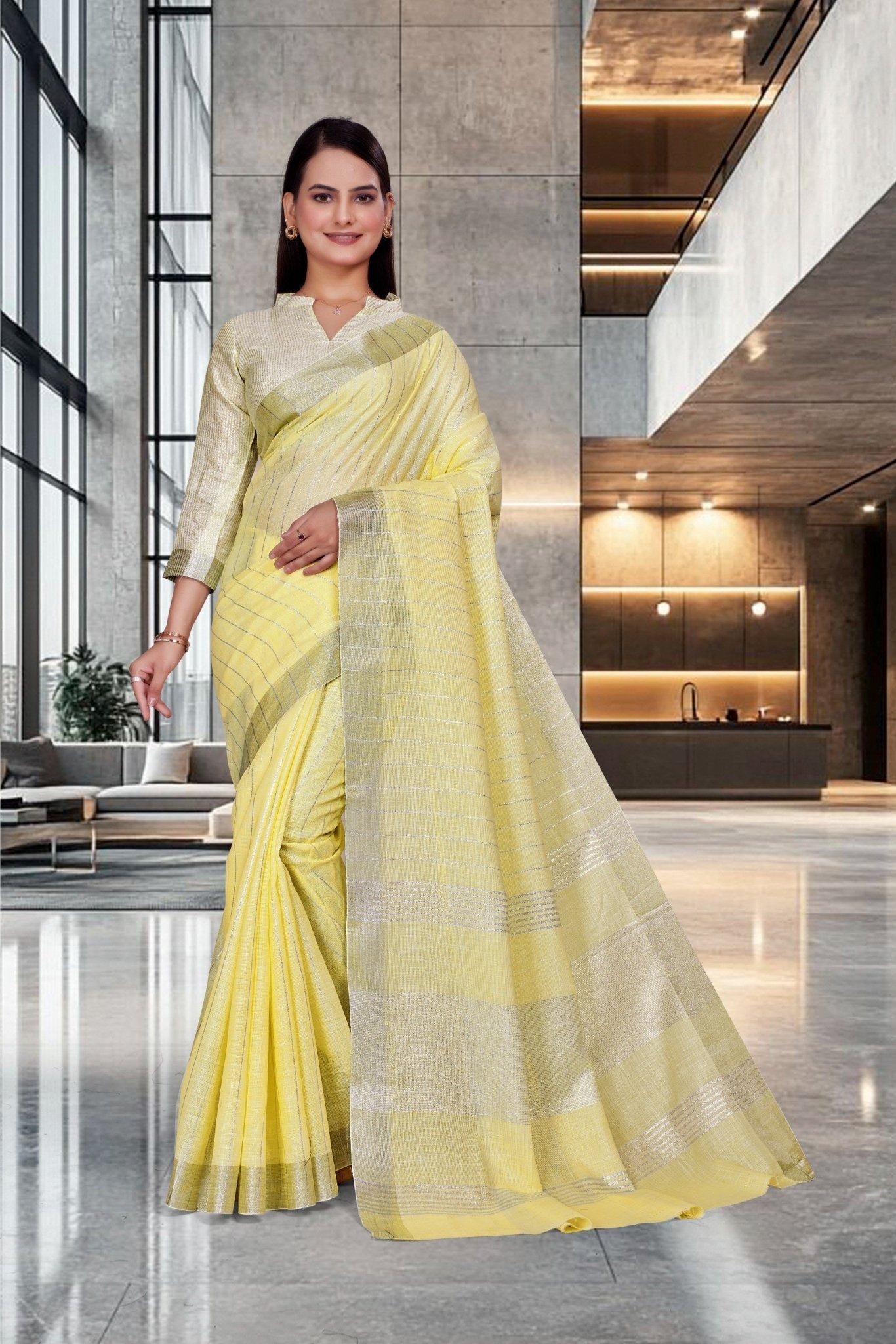Yellow Cotton Silk Workplace Formal Saree - FeministaCotton Silk
